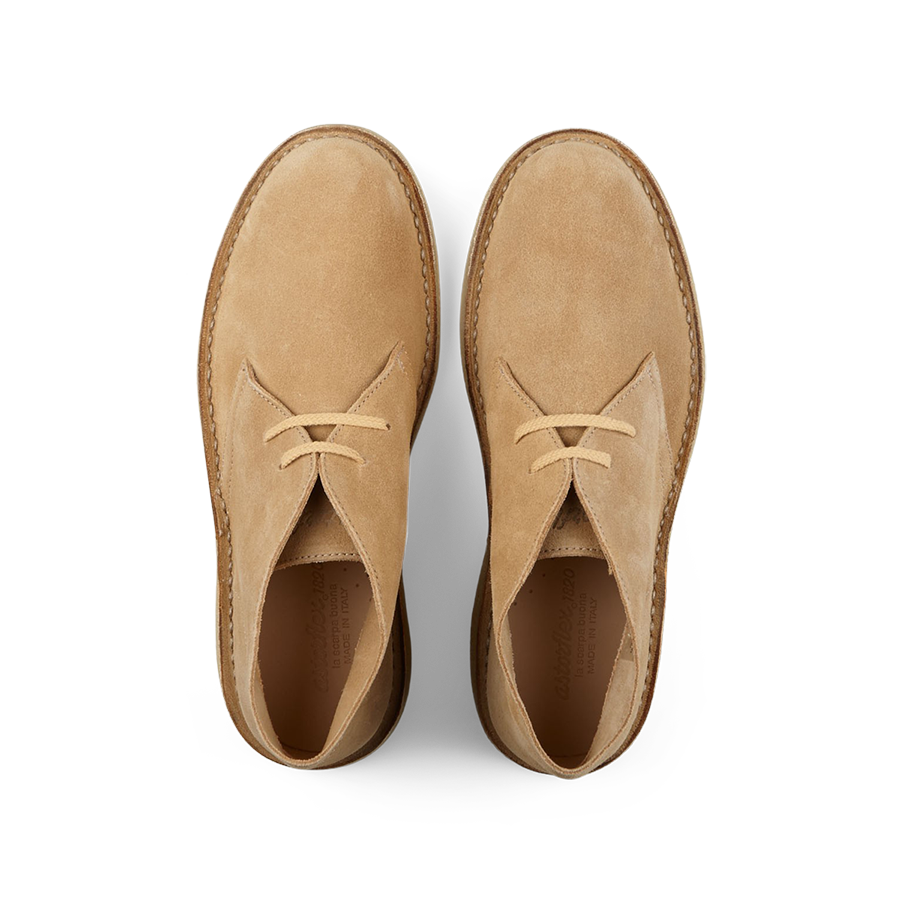 A pair of new Astorflex Cammello Beige Suede Driftflex Unlined Boots crafted from vegetable-tanned suede leather displayed from a top-down view.