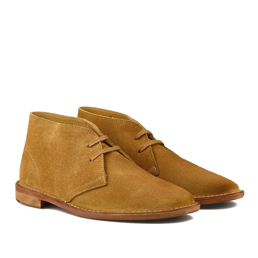 Astorflex's Cuoio Beige Suede Leather Buffalo Montflex Boots, crafted from Tuscan tanneries, showcase tan suede with laces and brown soles, captured beautifully from a side angle.