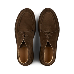 Top view of a pair of Astorflex Dark Chestnut Suede Dukeflex Chukka Boots crafted from vegetable-tanned suede, featuring visible stitching details.