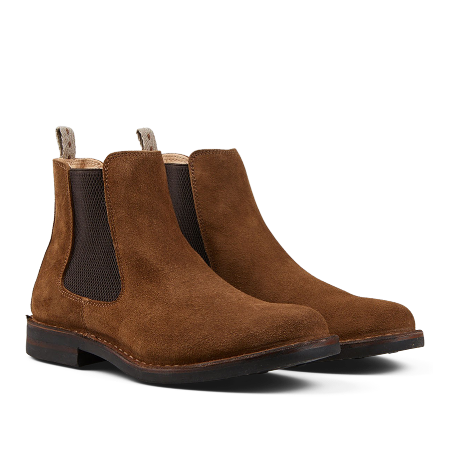 An Astorflex pair of Dark Khaki Suede Charlyflex Chelsea Boots with elastic side panels.