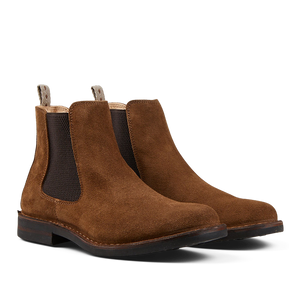 An Astorflex pair of Dark Khaki Suede Charlyflex Chelsea Boots with elastic side panels.