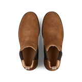 A pair of brown Astorflex Dark Khaki Suede Charlyflex Chelsea boots on a white background.