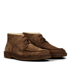 Astorflex's Dark Khaki Suede Dukeflex Chukka Boots feature laces, a slightly worn appearance, and crepe rubber soles for superior comfort.