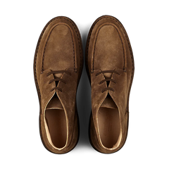 Top view of a pair of Astorflex Dark Khaki Suede Dukeflex Chukka Boots with visible stitching details and crepe rubber soles.