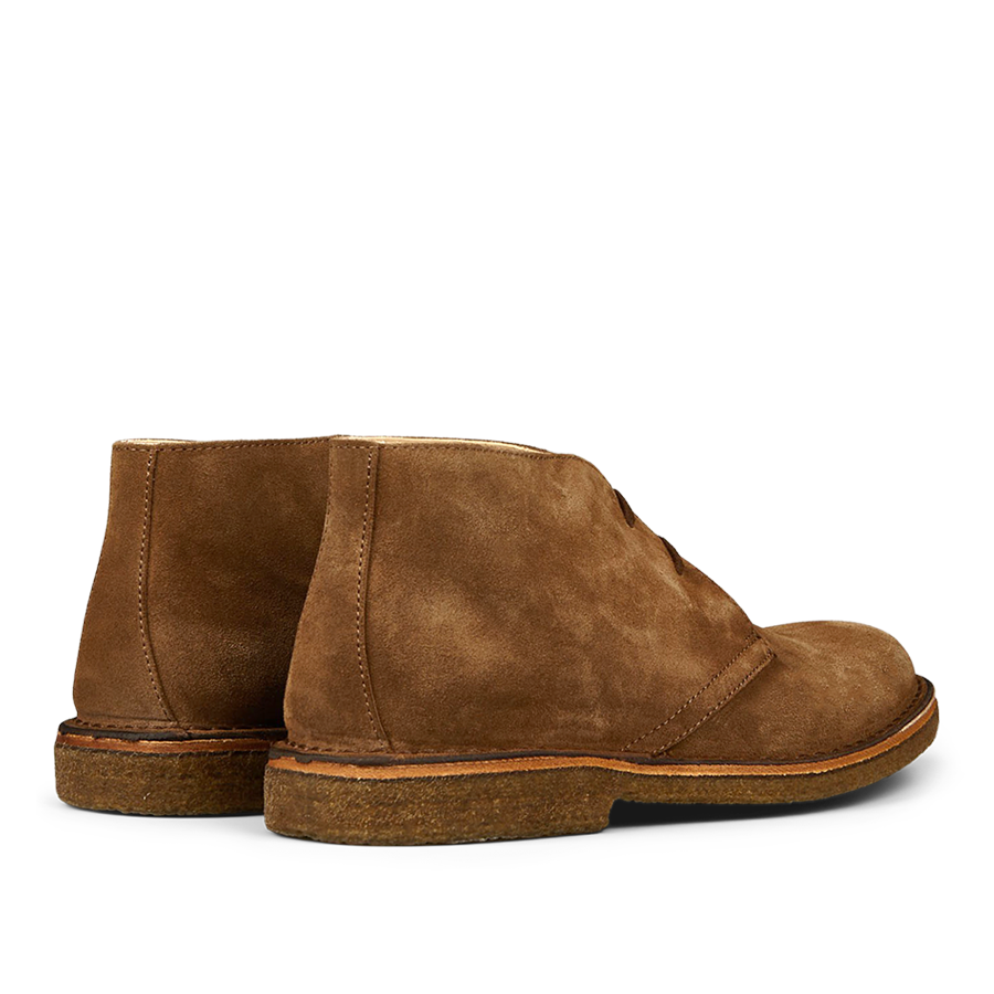 A pair of Dark Khaki Suede Greenflex Desert Boots with crepe soles by Astorflex.