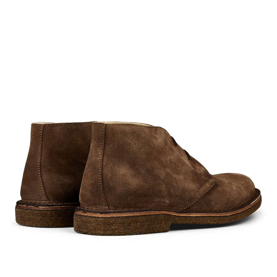 A pair of Astorflex Dark Khaki Suede Greenflex Desert Boots, made from vegetable-tanned suede with a crepe sole, viewed from the back.