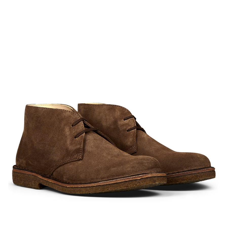 Angle view of Dark Khaki Suede Greenflex Desert Boots by Astorflex, featuring a low, flat sole and laces.