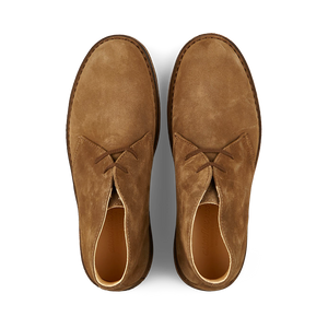 A pair of Astorflex Dark Khaki Suede Greenflex desert boots with laces on a white background.