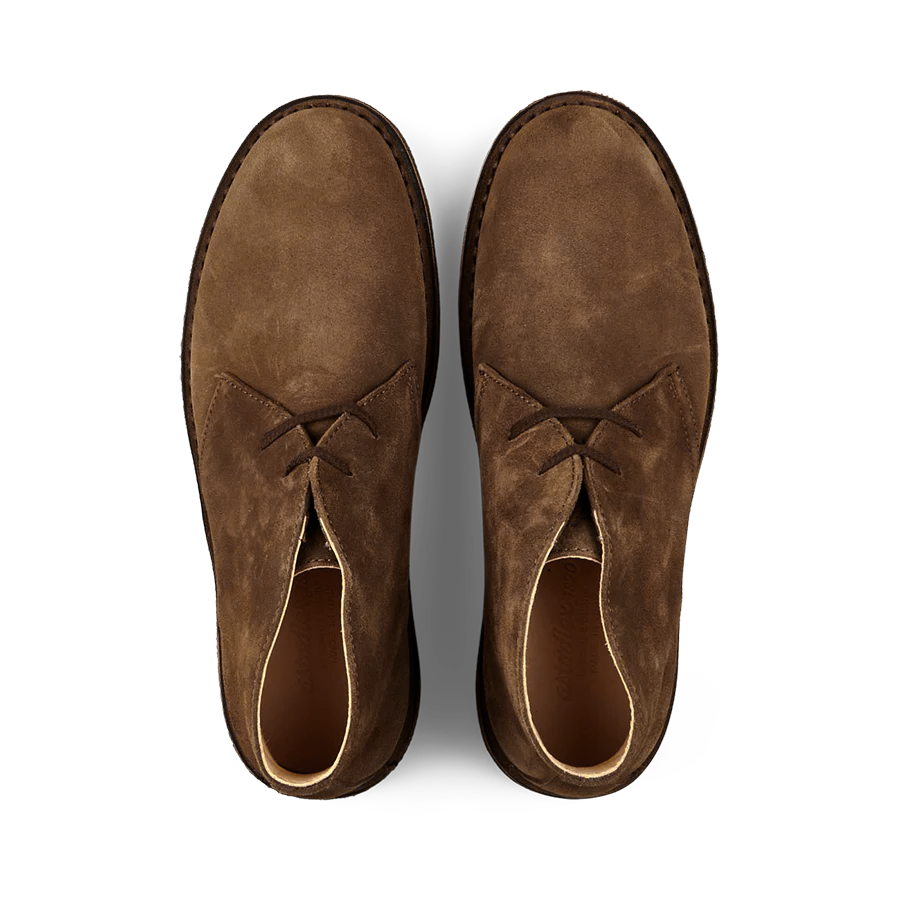 Top view of dark khaki suede Greenflex desert boots by Astorflex with laces.