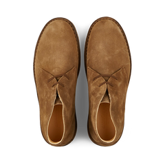 A pair of Astorflex Dark Khaki Suede Greenflex desert boots with laces on a white background.