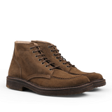 A pair of Dark Khaki Suede Leather Nuvoflex Boots by Astorflex, featuring dark brown crepe rubber soles.