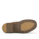 The image shows the sole of a Dark Khaki Suede Leather Nuvoflex Boot by Astorflex, crafted from natural crepe rubber and marked by a textured, tan-colored surface with visible heel and ball sections.