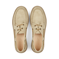 A pair of Ecru Beige Astorflex suede leather desert boots displayed from a top view.