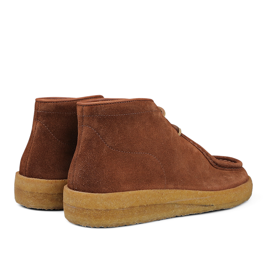 Rear view of Astorflex Mattone Brown Suede Rampiflex Boots, crafted from vegetable-tanned suede and paired with a natural crepe rubber sole.