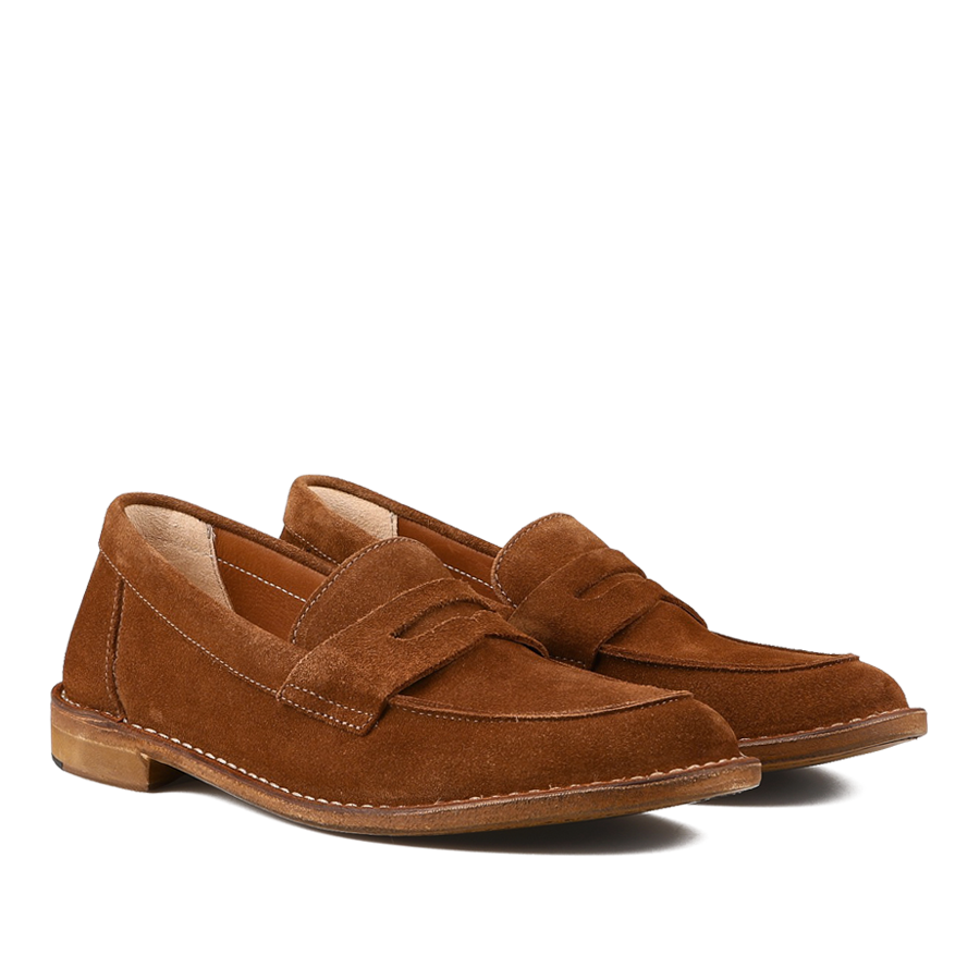 The Mattone Suede Leather Buffalo Sadelflex Loafers by Astorflex are crafted from vegetable-tanned suede leather with a penny slot design, featuring visible stitching and light brown soles.