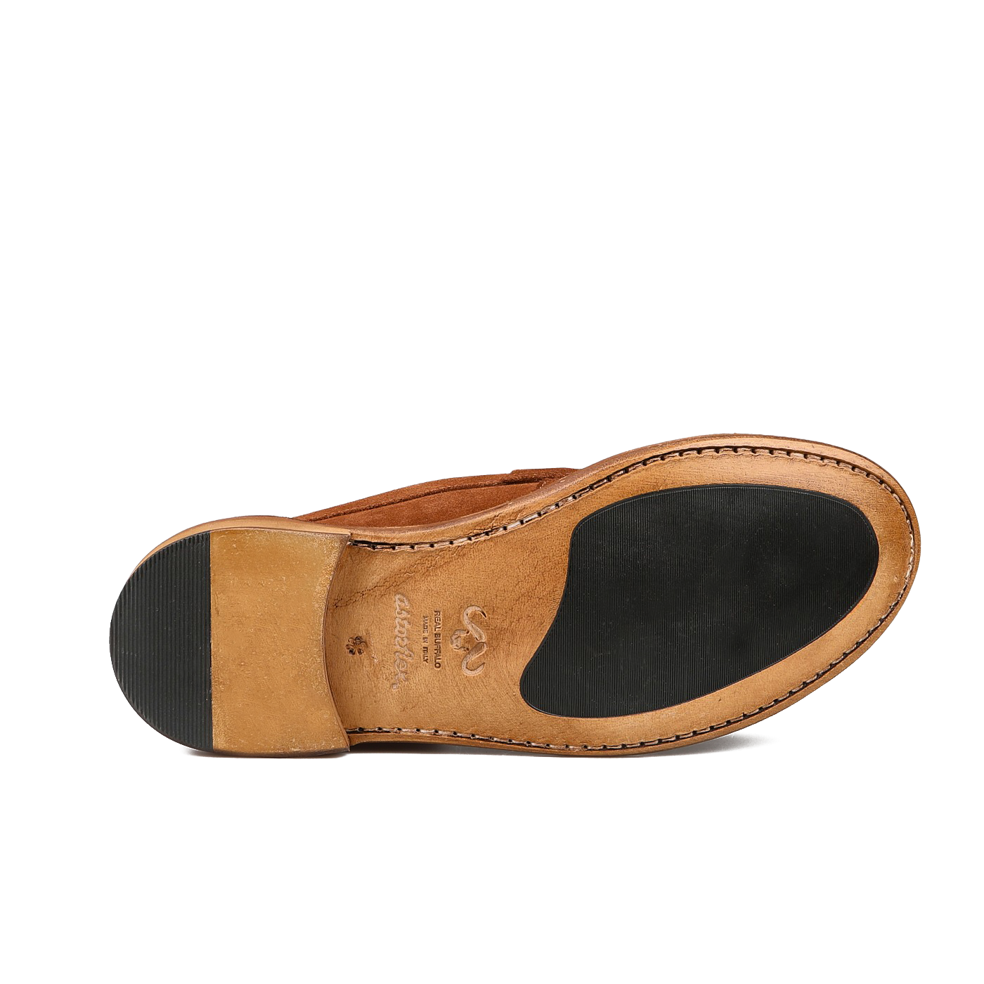 The image features the sole of Mattone Suede Leather Buffalo Sadelflex Loafers by Astorflex, showcasing a brown leather design with a dark rubber heel and forepart for enhanced comfort using Sadelflex technology.