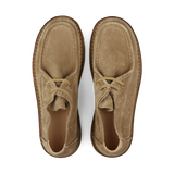 A pair of stone beige suede Astorflex moccasins viewed from above.