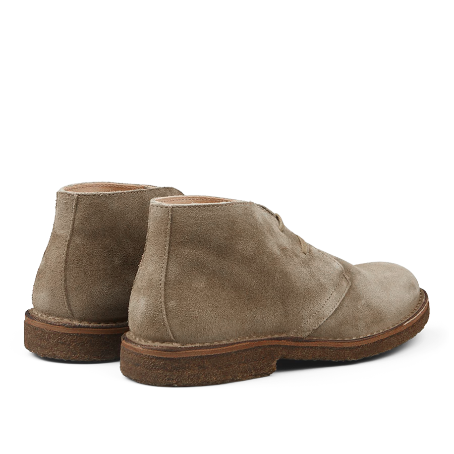 A rear view of the Stone Beige Suede Greenflex Desert Boots by Astorflex, featuring vegetable-tanned suede in beige and brown crepe rubber soles.