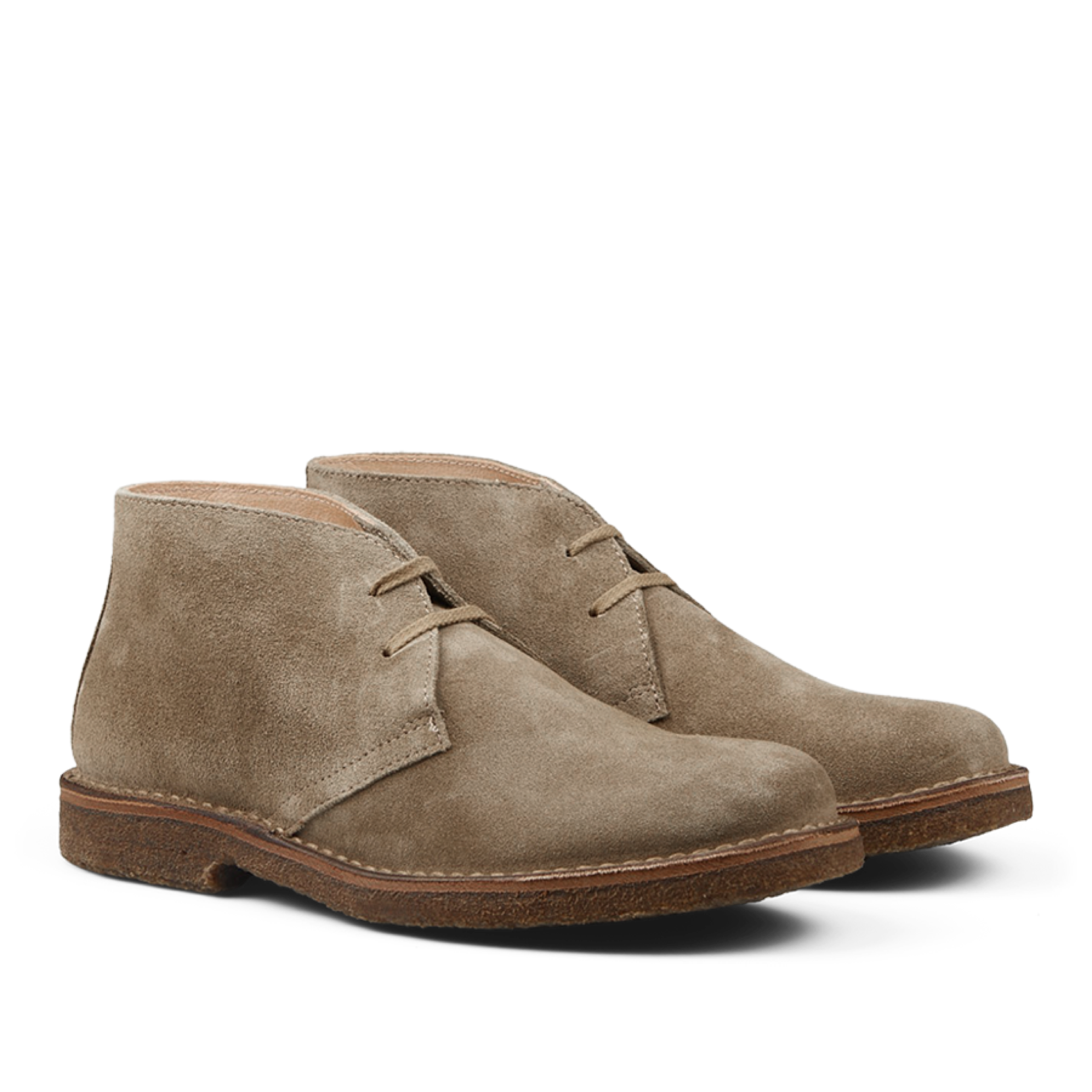 A pair of Stone Beige Suede Greenflex Desert Boots by Astorflex, featuring a minimalist lace-up design and brown crepe soles.