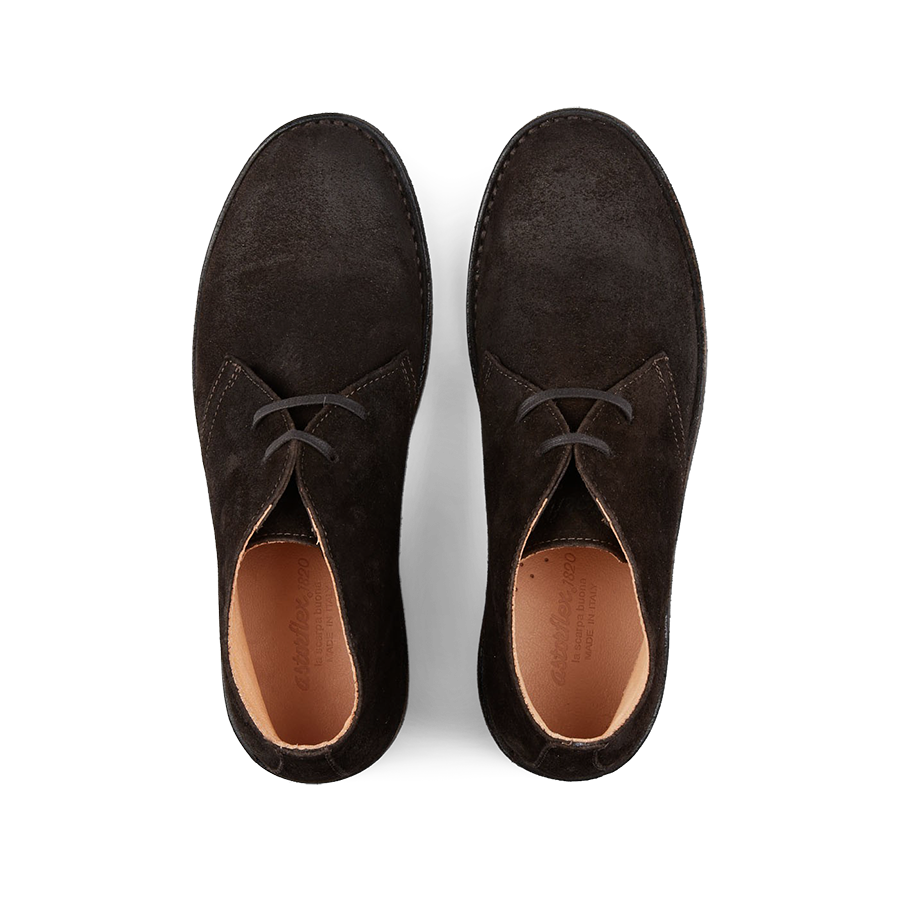 A pair of Testa di Moro Suede Greenflex Desert Boots by Astorflex viewed from above.