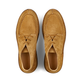 A pair of new Astorflex Whiskey Beige Suede Dukeflex Chukka Boots, viewed from above.
