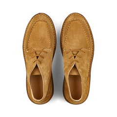 A pair of new Astorflex Whiskey Beige Suede Dukeflex Chukka Boots, viewed from above.