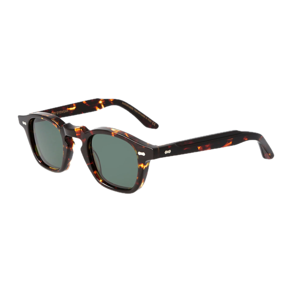 Cord Dark Havana Green Lenses 44mm sunglasses by The Bespoke Dudes with dark lenses and an eco-friendly Havana frame on a black background.