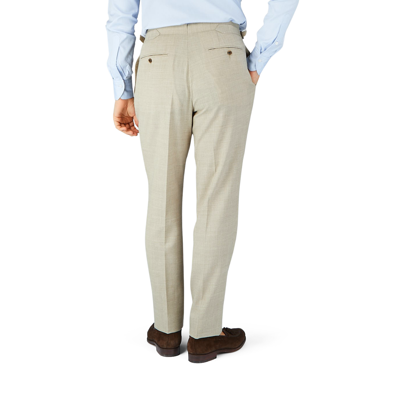 The man in the Beige Melange Wool Linen Pleated Trousers by Baltzar Sartorial has tailored trousers.