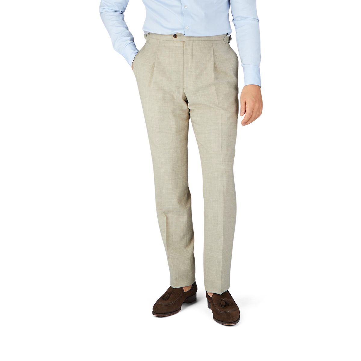 A man wearing a Baltzar Sartorial Beige Melange Wool Linen Pleated Trousers suit with tailored trousers and a blue shirt.