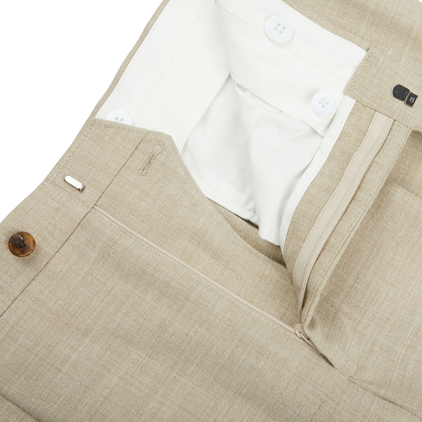 A close up of Baltzar Sartorial Beige Melange Wool Linen Pleated Trousers.