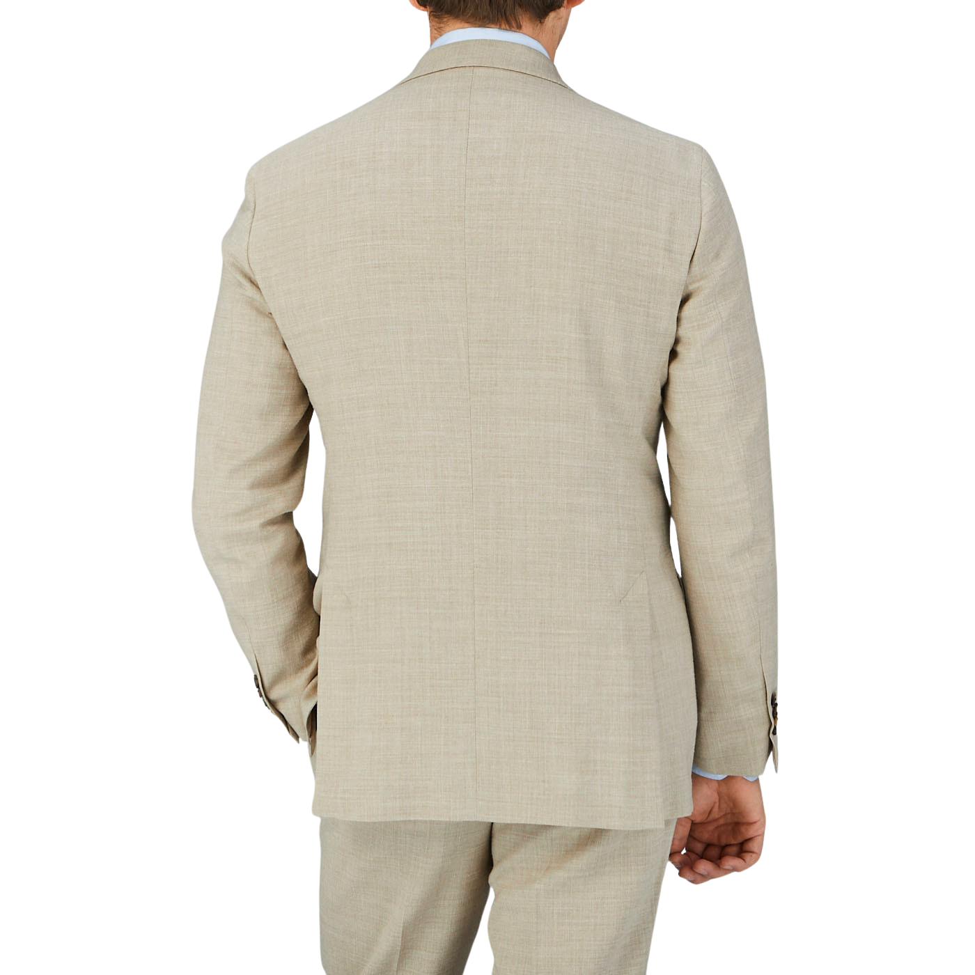 The back view of a man wearing a Baltzar Sartorial Beige Melange Wool Linen Suit Jacket.