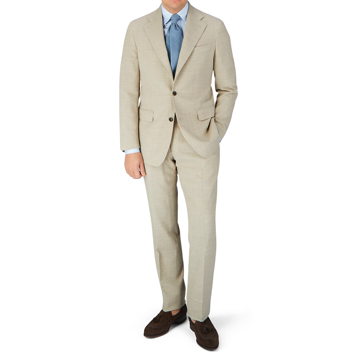 A man in a Beige Melange Wool Linen Suit Jacket and blue tie, made from a wool-linen blend by Baltzar Sartorial.