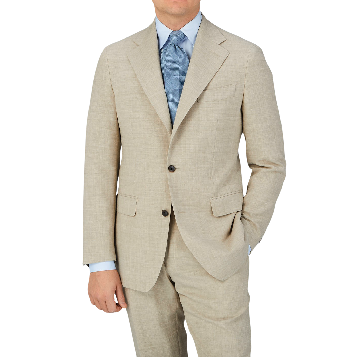 A man wearing a Baltzar Sartorial Beige Melange Wool Linen Suit Jacket and blue tie.
