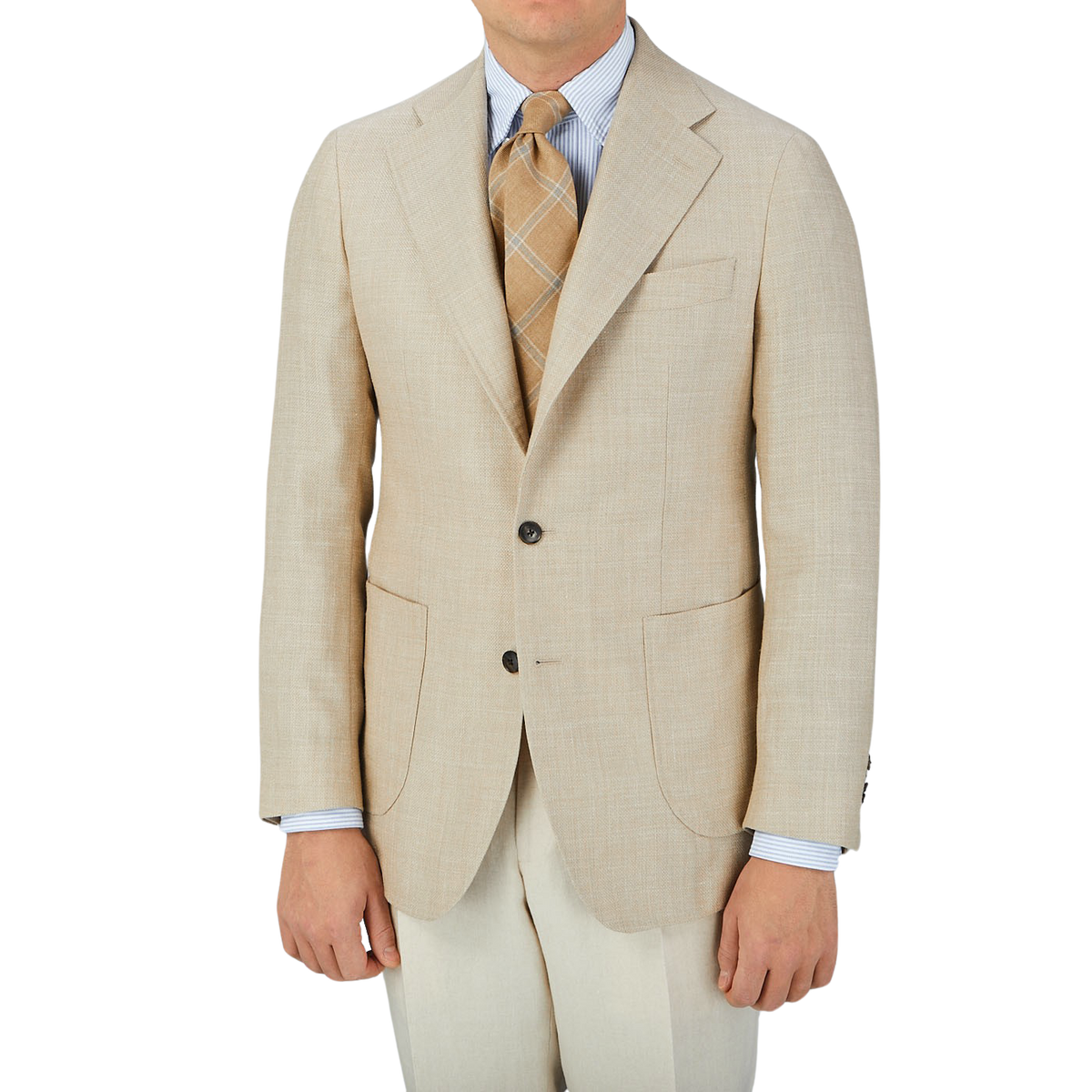 A man in a Baltzar Sartorial Beige Melange Wool Silk Linen Blazer.