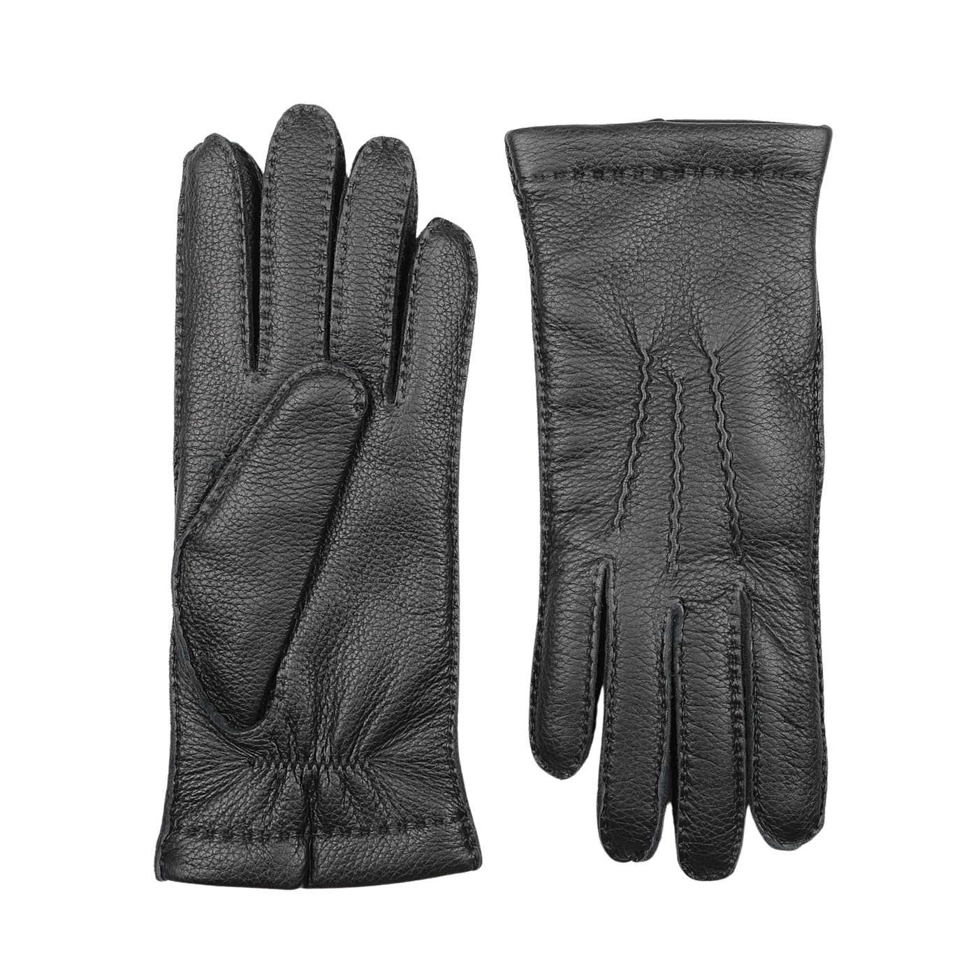 A pair of expertly designed Black Cashmere Lined Elk Gloves from Baltzar Sartorial showcases one glove lying flat and the other facing down, highlighting the intricate stitch patterns. These elk leather gloves feature textured detailing, underscoring the craftsmanship of their master glove makers.