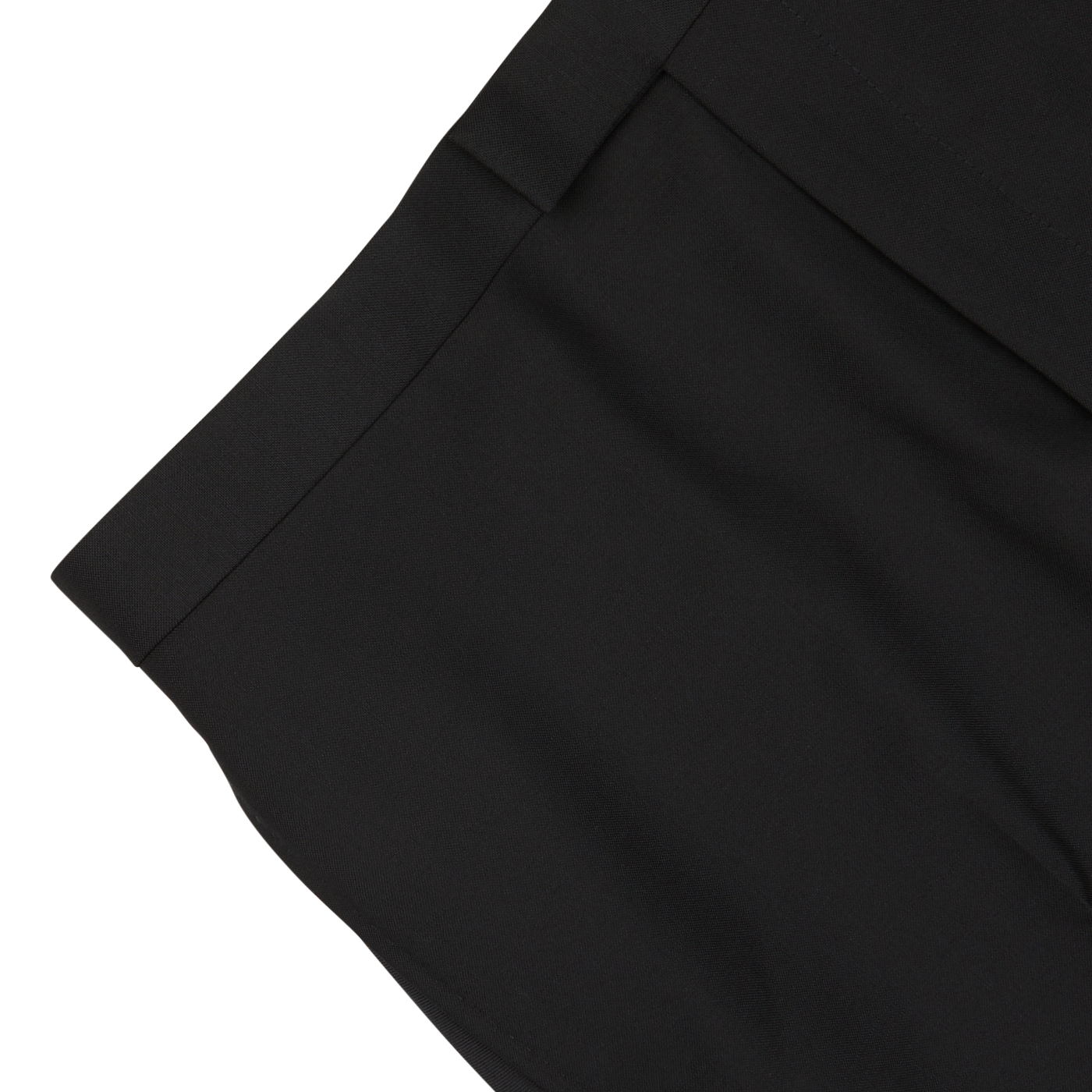 Close-up image of Black Wool Mohair Tuxedo Flat Front Trousers by Baltzar Sartorial, showing the waistband and upper portion of these formal look pants, made from a luxurious wool-mohair blend.