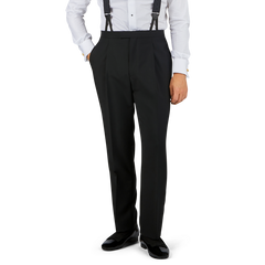 Man in white dress shirt, Black Wool Mohair Tuxedo Pleated Trousers by Baltzar Sartorial with suspenders, and black shoes standing in a neutral pose for a formal look.