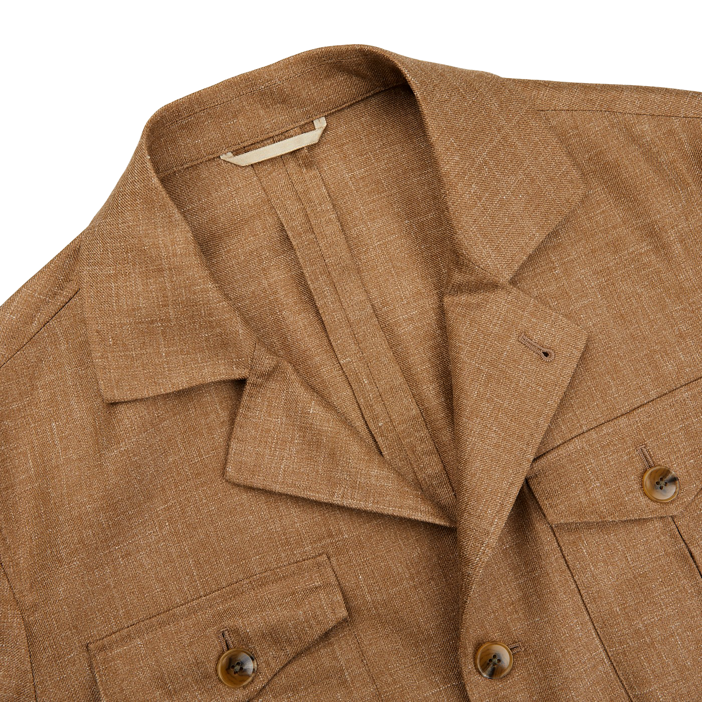 The Brown textured button-up shirt with two chest pockets and a flat collar is laid flat on a white surface, offering a stylish alternative to the tailored Camel Brown Wool Silk Linen Safari Jacket by Baltzar Sartorial.