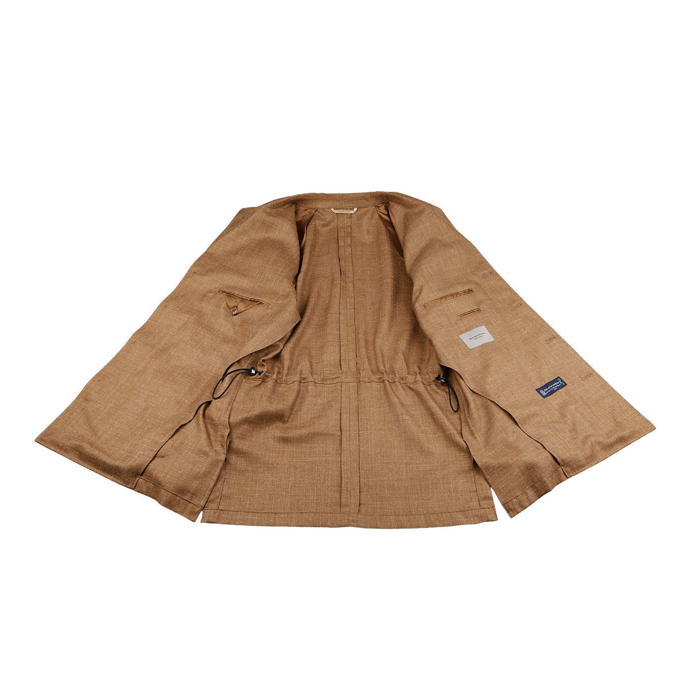 A Camel Brown Wool Silk Linen Safari Jacket by Baltzar Sartorial lies open on a white surface, displaying its tags and intricate inner stitching details. The luxurious fabric blend adds understated elegance to this tailored blazer substitute.