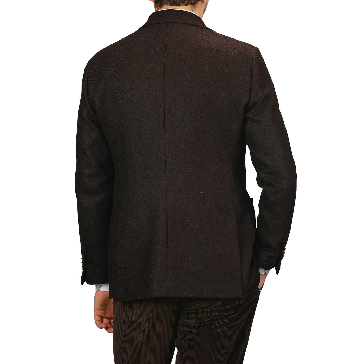 A person wearing a Baltzar Sartorial Dark Brown Wool Tweed Blazer and brown corduroy pants, viewed from the back against a plain background.