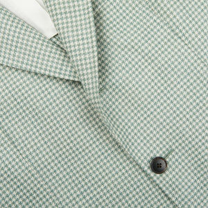 A close up of a Baltzar Sartorial Green Houndstooth Wool Silk Linen Blazer.