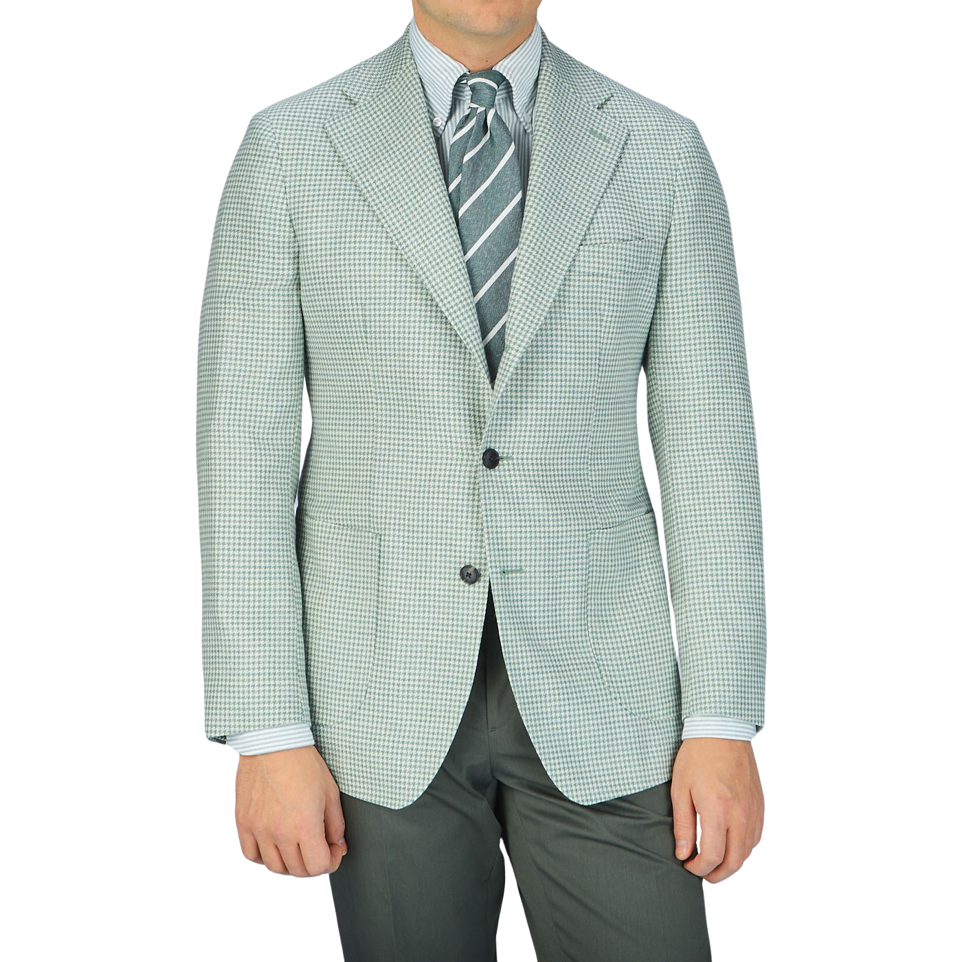 A man wearing a Baltzar Sartorial Green Houndstooth Wool Silk Linen Blazer made with a wool-silk-linen blend fabric.