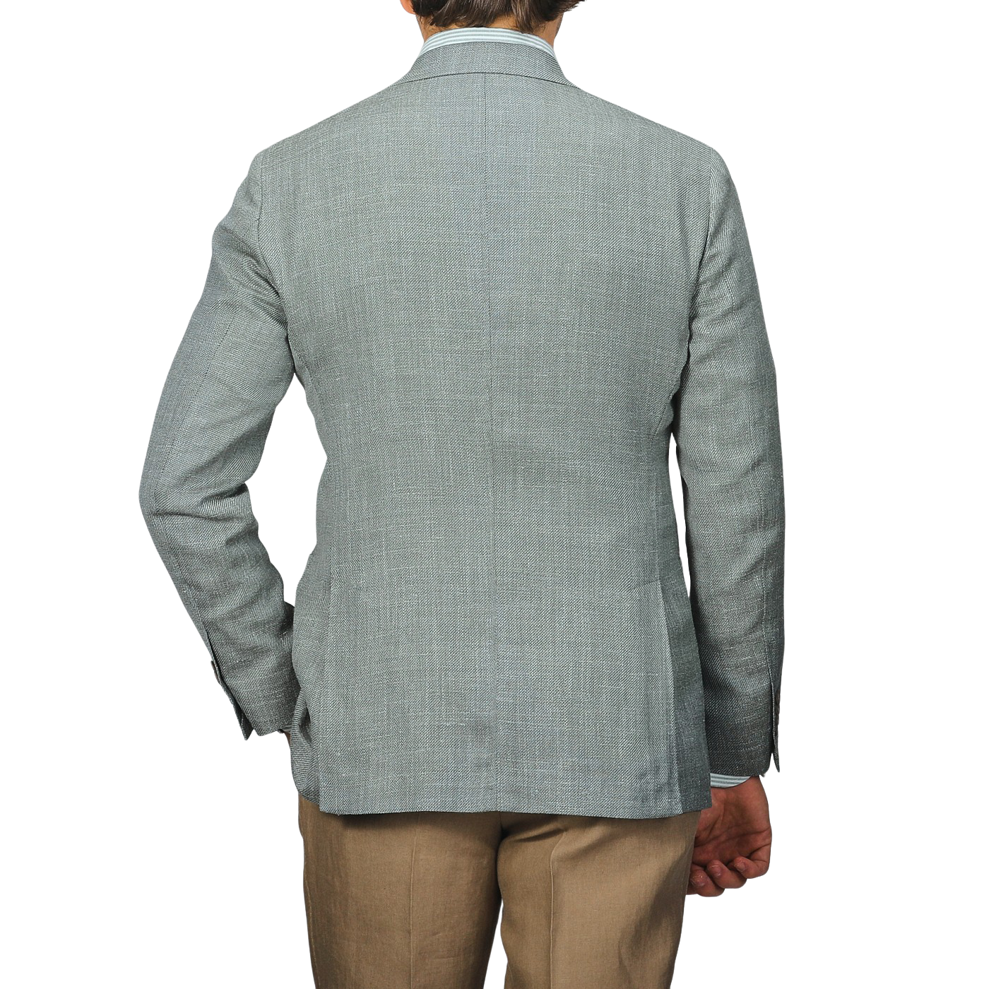 A person is shown from the back against a neutral background wearing a Baltzar Sartorial Green Wool Silk Linen Hopsack Blazer and beige pants.