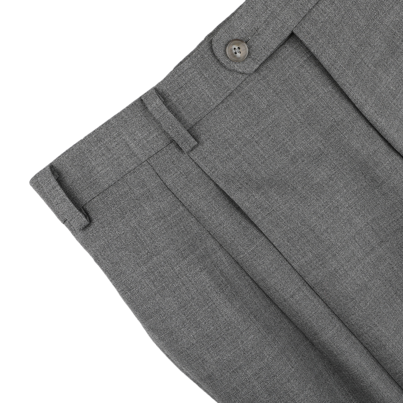 Baltzar Sartorial's Grey High-Twist Wool Pleated Trousers showcase a visible button, belt loops, and pockets against a white background.