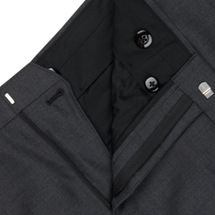 Close-up of a Baltzar Sartorial grey Super 100's Wool Flat Front Suit Trousers with visible button, zipped pocket, and classic tailored fit inner lining details.