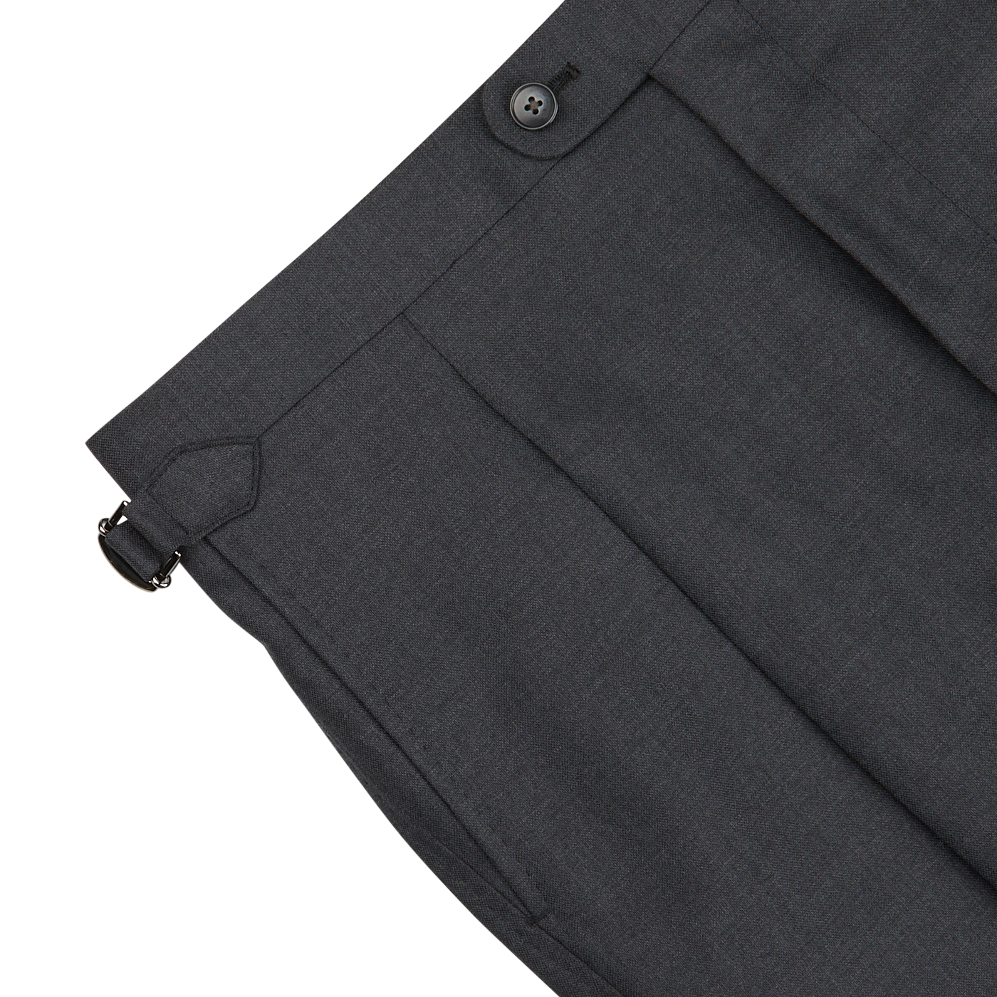 Close-up of Baltzar Sartorial Grey Super 100's Wool Pleated Suit Trousers with a side adjuster and button closure.