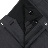 Close-up of a dark grey formal jacket with visible buttons and Baltzar Sartorial detailed stitching.