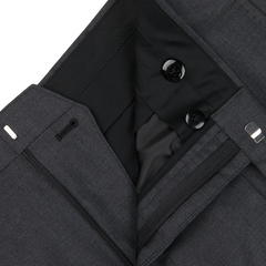 Close-up of a dark grey formal jacket with visible buttons and Baltzar Sartorial detailed stitching.