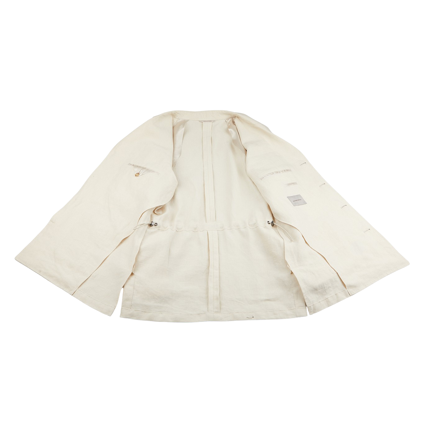 A Light Beige Pure Linen Safari Jacket from Baltzar Sartorial is displayed open on a flat surface, showcasing its interior lining and labels. Crafted from mid-weight linen, it blends elegance with functionality.