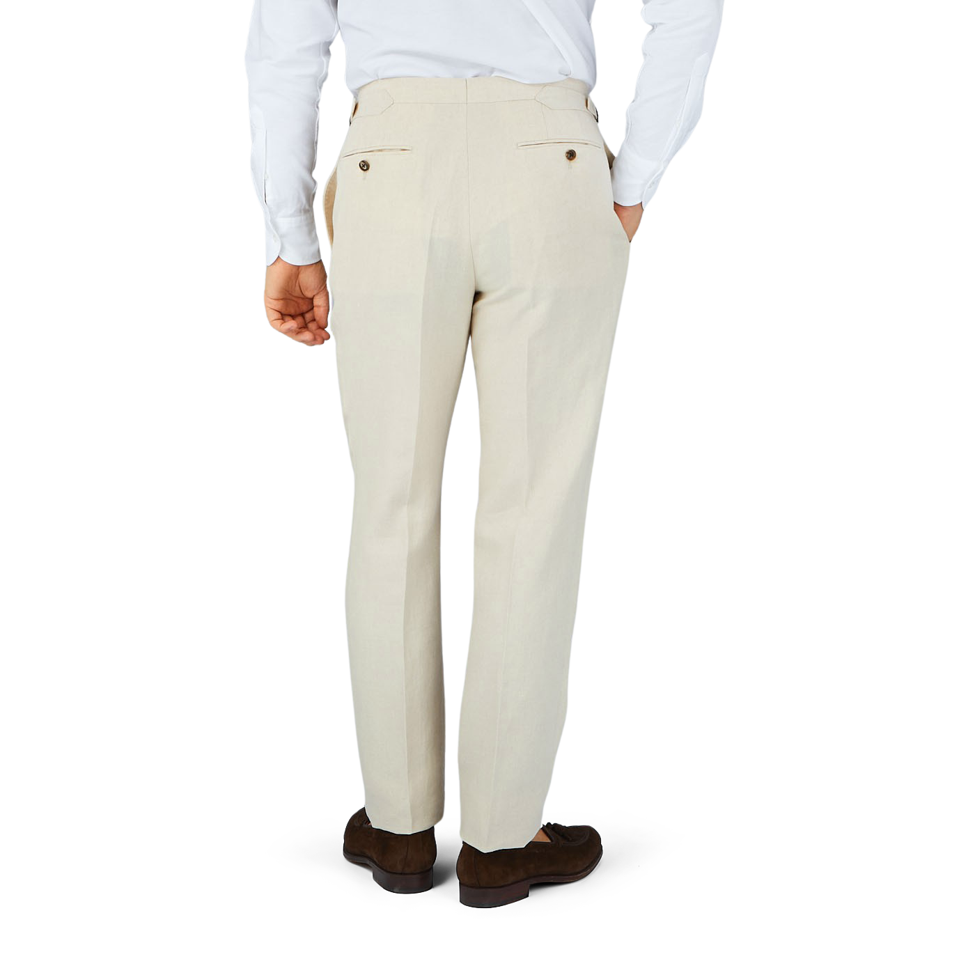 A man in a tailored Light Beige Pure Linen Pleated Trousers suit by Baltzar Sartorial.